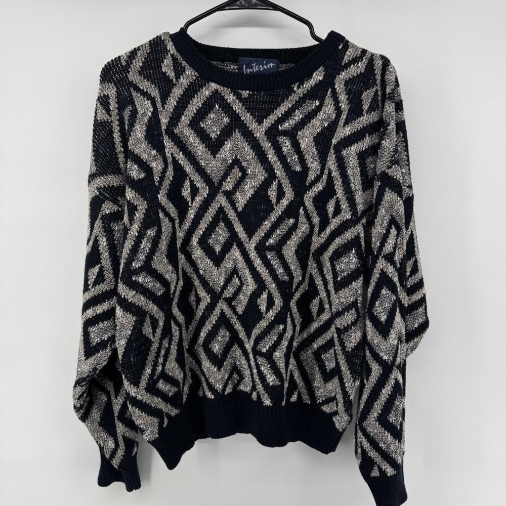 Interim Sweater Mens Large Blue Geometric Knit Crew Neck Pullover Retro
